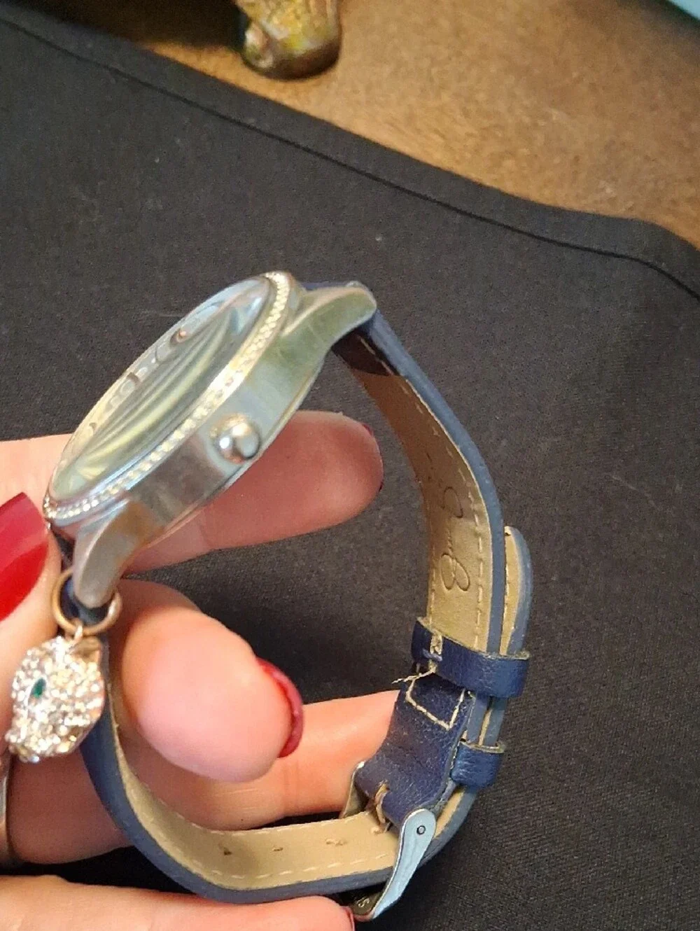 Jessica Simpson Navy and Rose Gold Accent Leather Watch with Crystal Charm